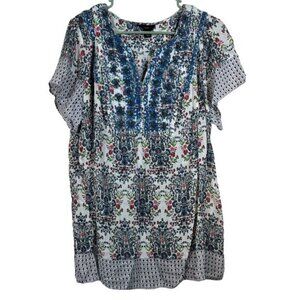 Intro Bohemian Blue White Paisley Beaded V-Neck S/S Blouse Size 2X EUC #1098-PHX